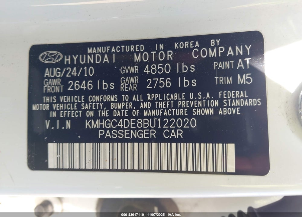 2011 HYUNDAI GENESIS 3.8 VIN: KMHGC4DE8BU122020