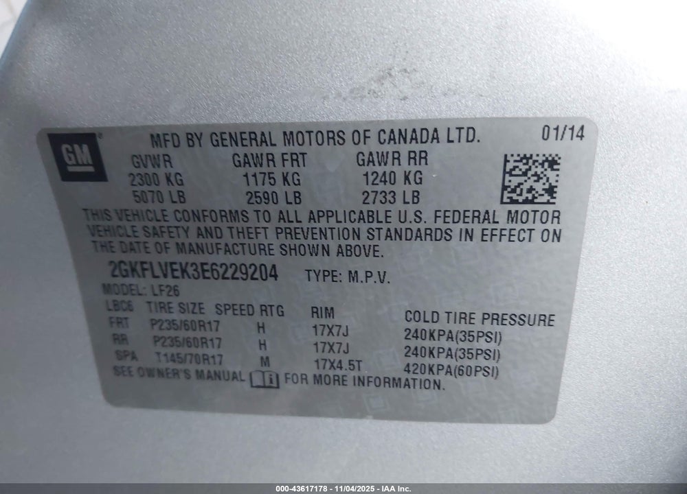 2014 GMC TERRAIN SLE-1 VIN: 2GKFLVEK3E6229204