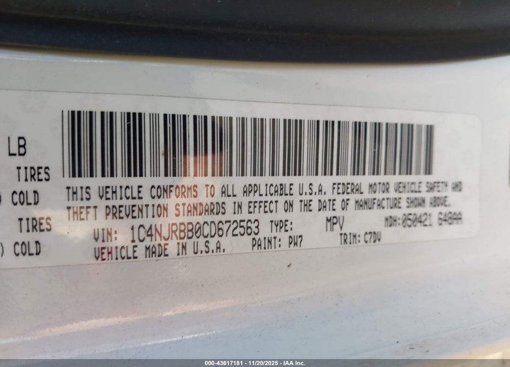 2012 JEEP PATRIOT SPORT VIN: 1C4NJRBB0CD672563