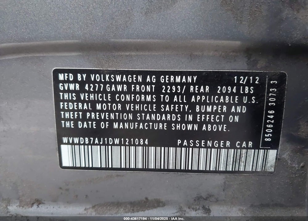 2013 VOLKSWAGEN GOLF 2.5L 4-DOOR VIN: WVWDB7AJ1DW121084