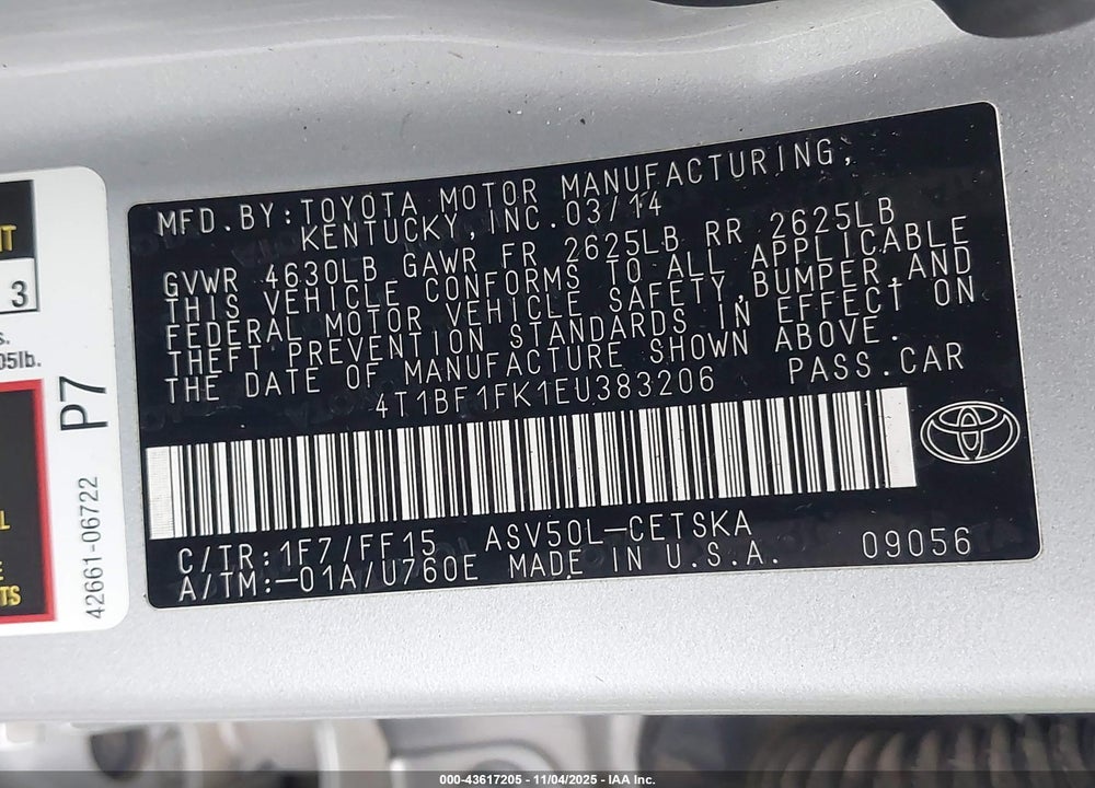 2014 TOYOTA CAMRY SE VIN: 4T1BF1FK1EU383206