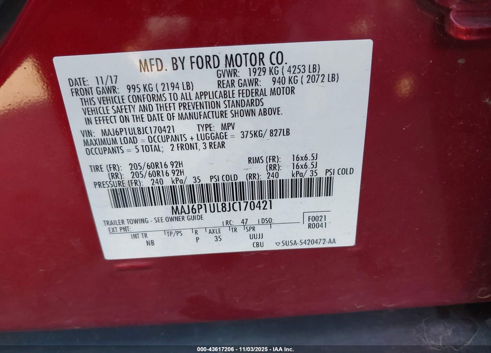 2018 FORD ECOSPORT VIN: MAJ6P1UL8JC170421