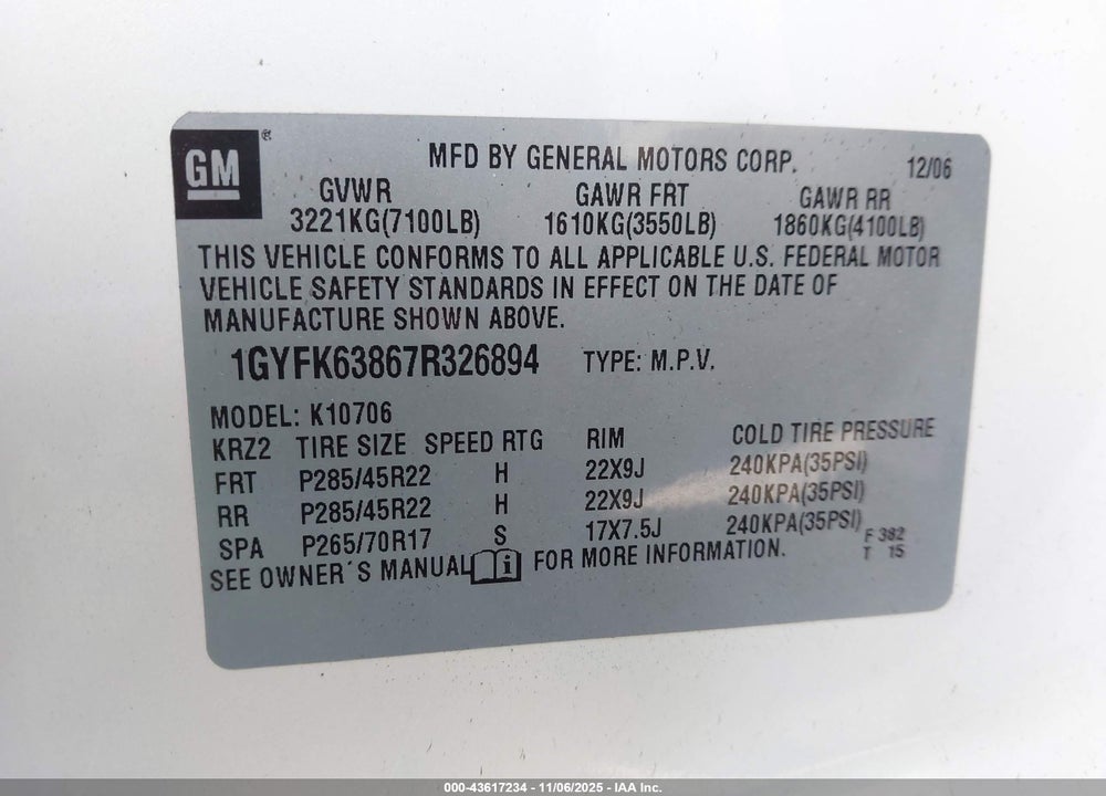 2007 CADILLAC ESCALADE VIN: 1GYFK63867R326894