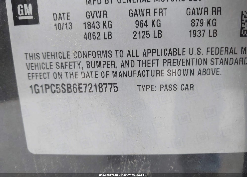 2014 CHEVROLET CRUZE VIN: 1G1PC5SB6E7218775