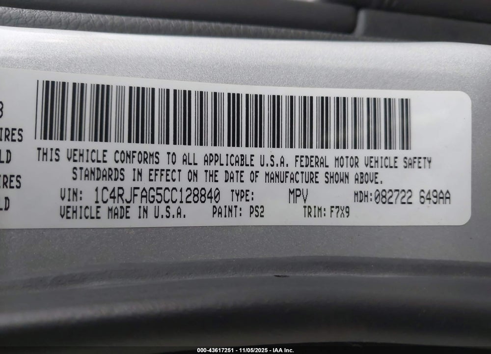 2012 JEEP GRAND CHEROKEE VIN: 1C4RJFAG5CC128840