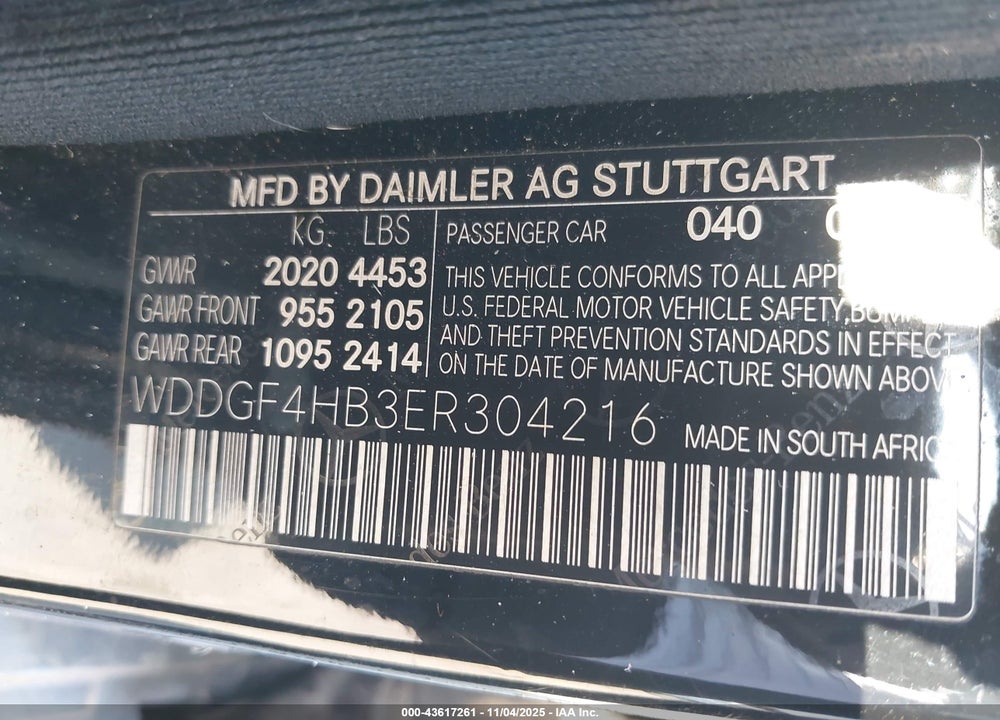 2014 MERCEDES-BENZ C 250 SPORT VIN: WDDGF4HB3ER304216