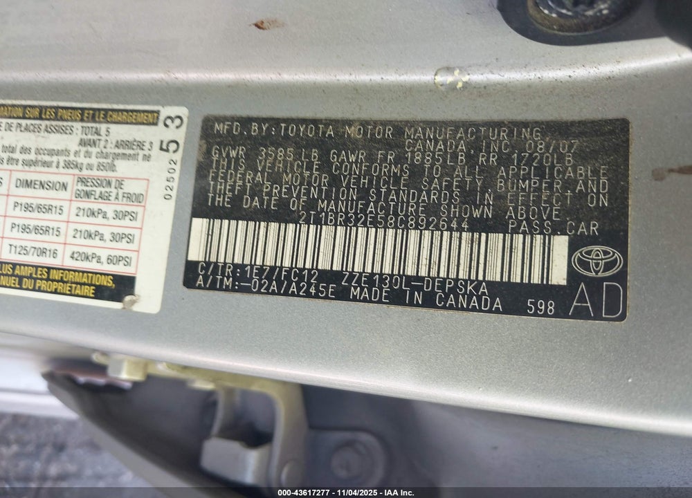 2008 TOYOTA COROLLA S VIN: 2T1BR32E58C892644
