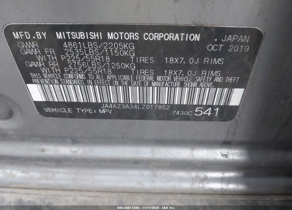 2020 MITSUBISHI OUTLANDER ES 2.4 S-AWC/LE 2.4 S-AWC/SE 2.4 S-AWC/SEL 2.4 S-AWC/SP 2.4 S-AWC VIN: JA4AZ3A34LZ017852