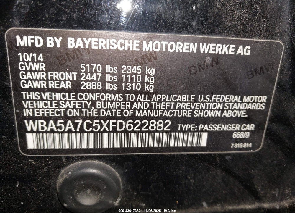 2015 BMW 528I XDRIVE VIN: WBA5A7C5XFD622882