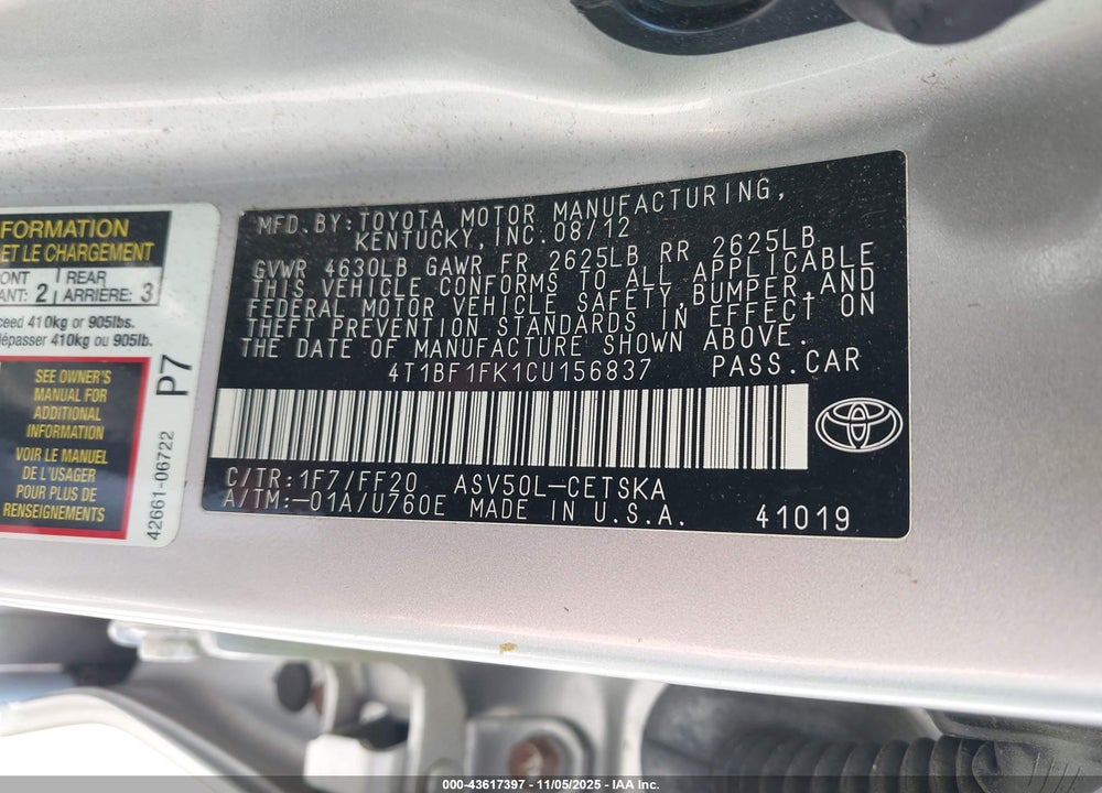 2012 TOYOTA CAMRY SE VIN: 4T1BF1FK1CU156837