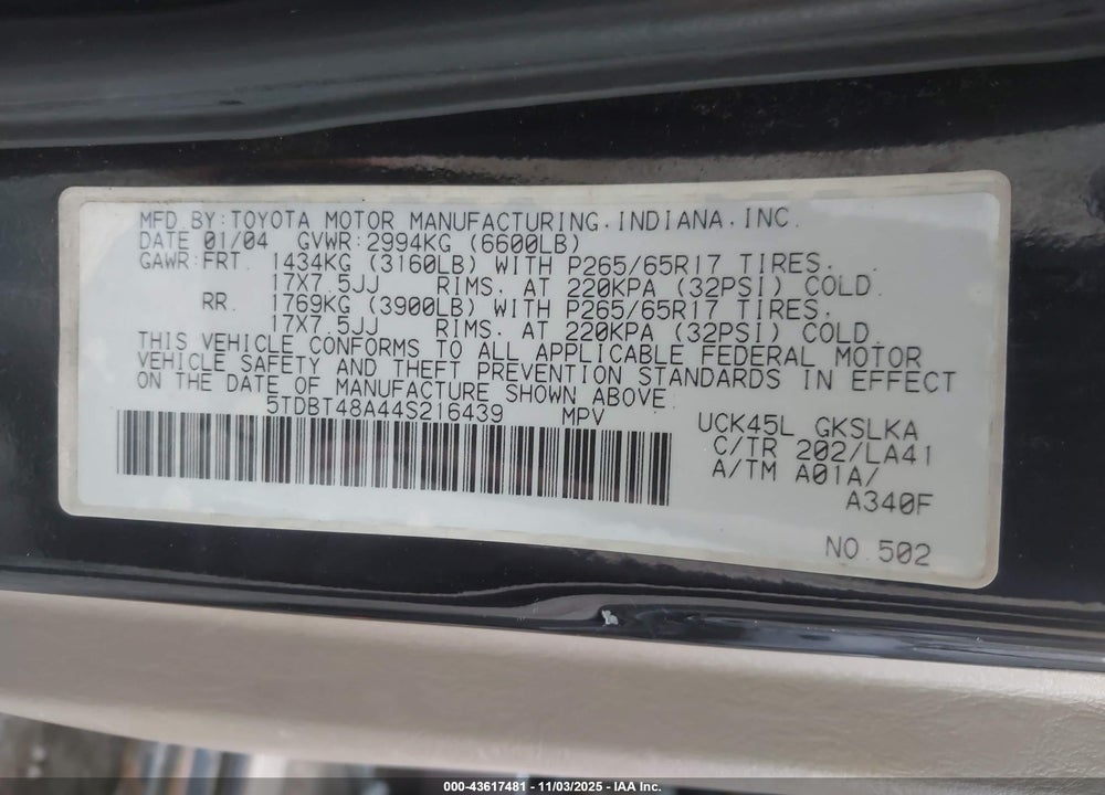 2004 TOYOTA SEQUOIA VIN: 5TDBT48A44S216439