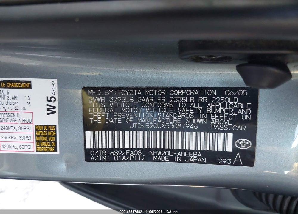 2005 TOYOTA PRIUS VIN: JTDKB20UX53087946