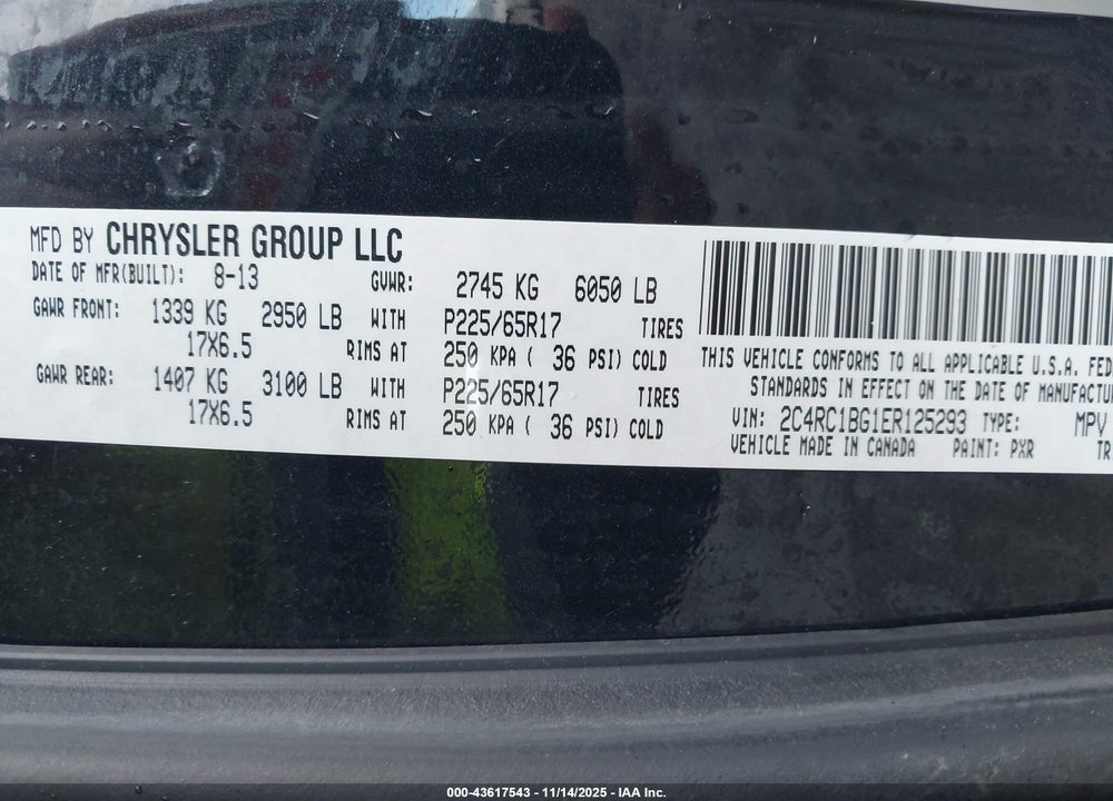 2014 CHRYSLER TOWN & COUNTRY TOURING VIN: 2C4RC1BG1ER125293