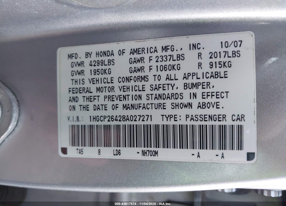 2008 HONDA ACCORD 2.4 LX-P VIN: 1HGCP26428A027271