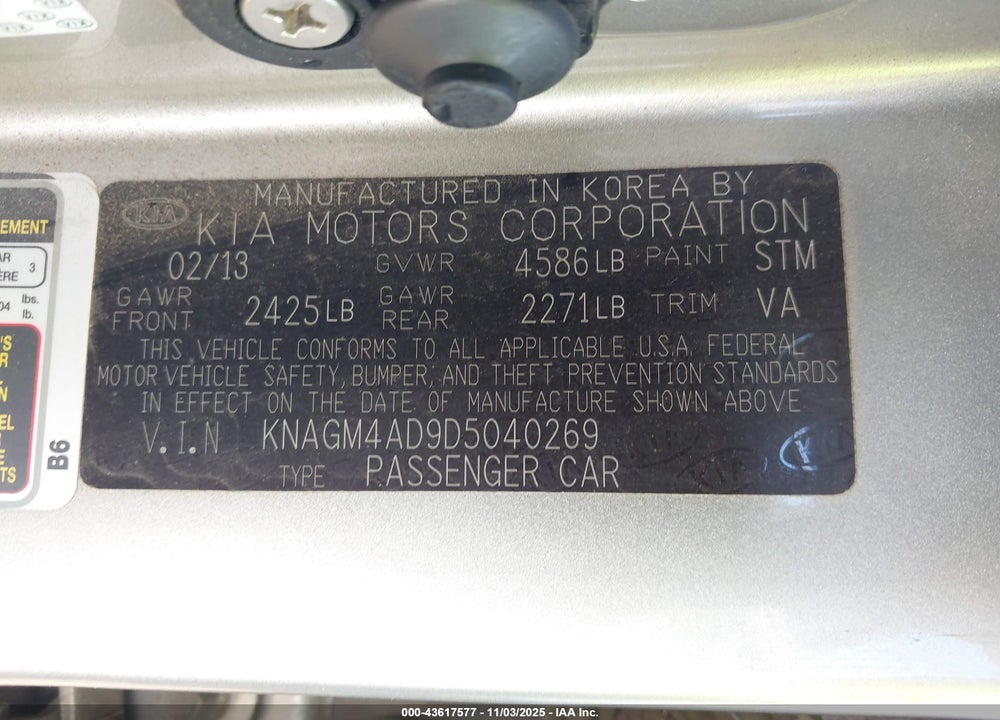 2013 KIA OPTIMA HYBRID VIN: KNAGM4AD9D5040269