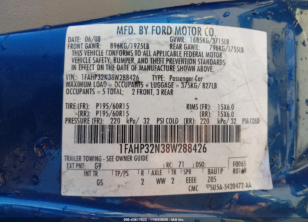 2008 FORD FOCUS VIN: 1FAHP32N38W288426