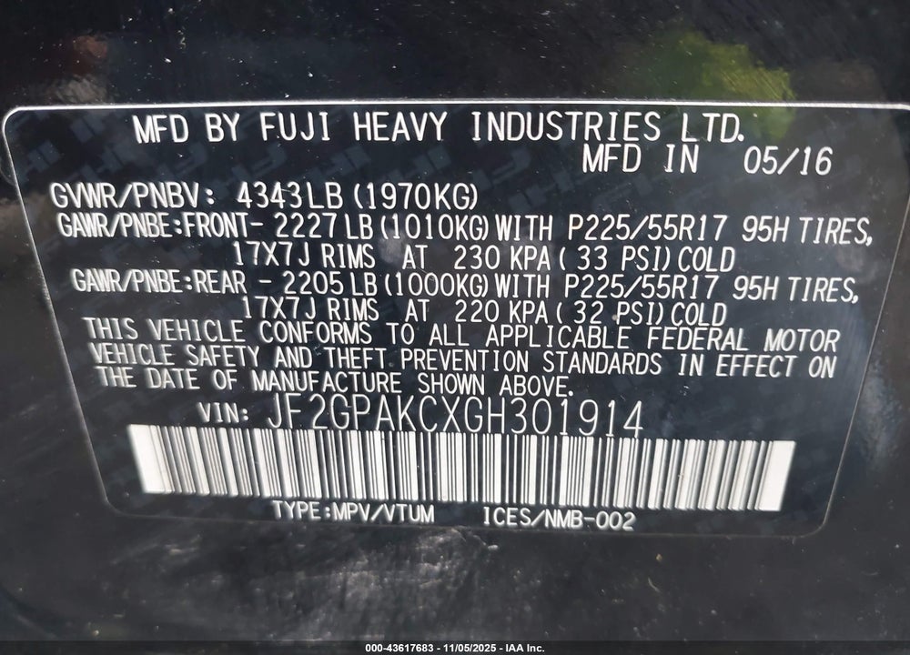 2016 SUBARU CROSSTREK VIN: JF2GPAKCXGH301914