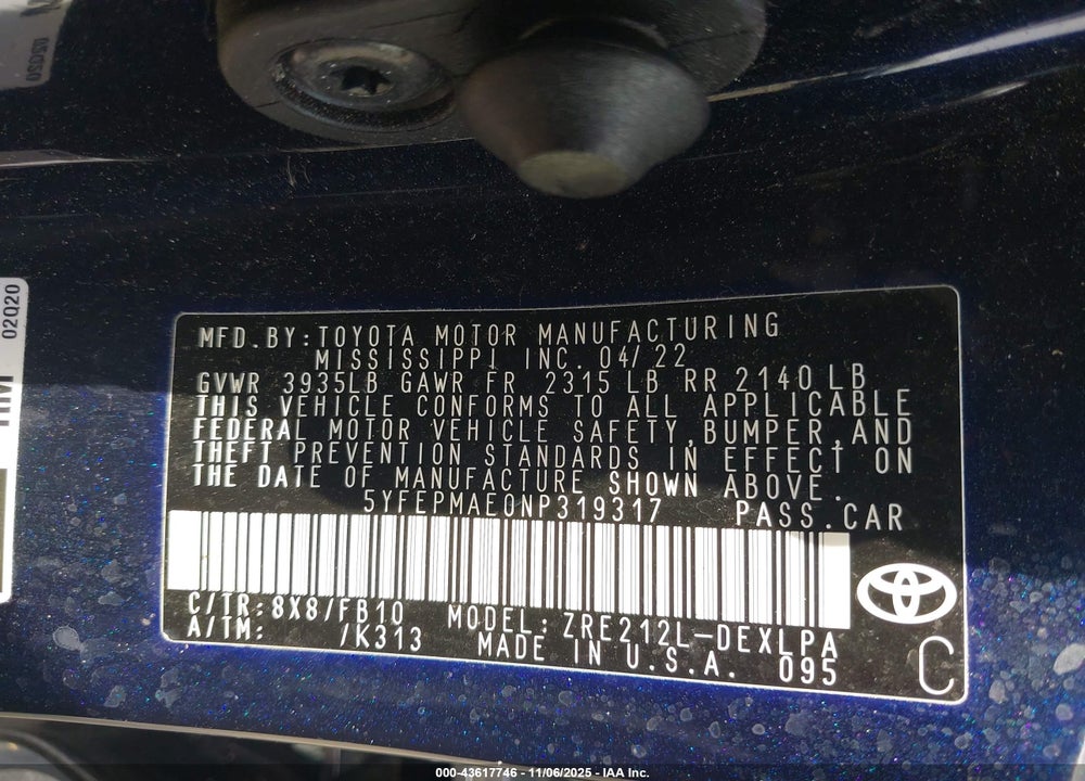 2022 TOYOTA COROLLA LE VIN: 5YFEPMAE0NP319317