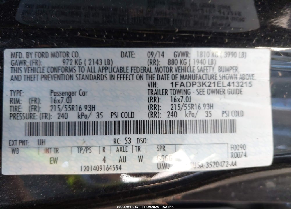 2014 FORD FOCUS SE VIN: 1FADP3K21EL413215