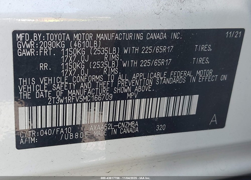 2021 TOYOTA RAV4 XLE VIN: 2T3W1RFV5MC166709