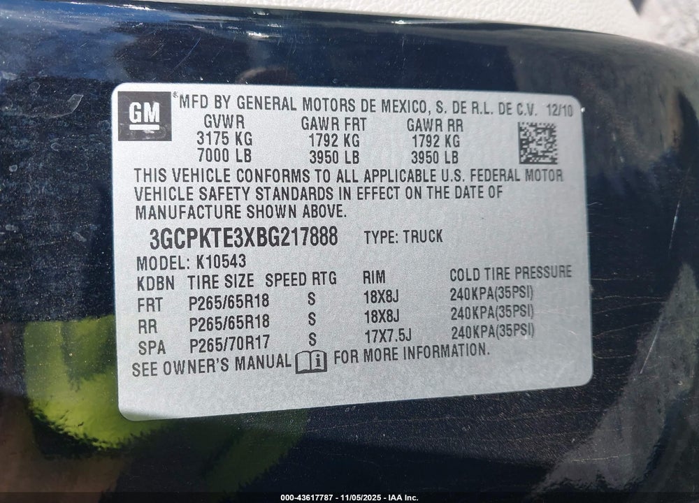 2011 CHEVROLET SILVERADO 1500 LTZ VIN: 3GCPKTE3XBG217888