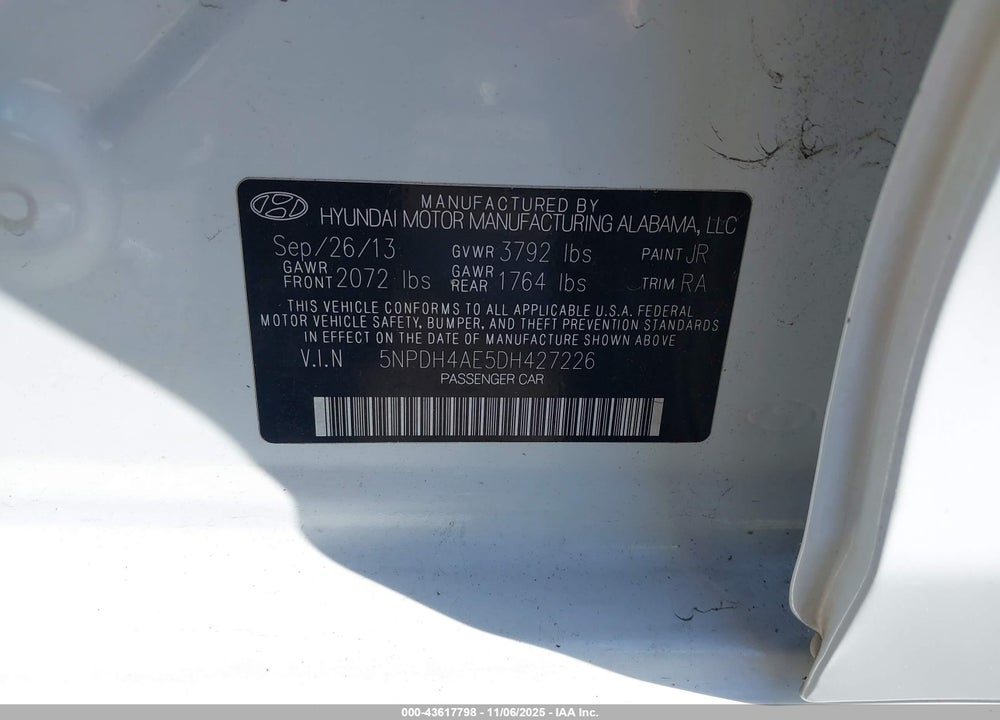 2013 HYUNDAI ELANTRA GLS VIN: 5NPDH4AE5DH427226