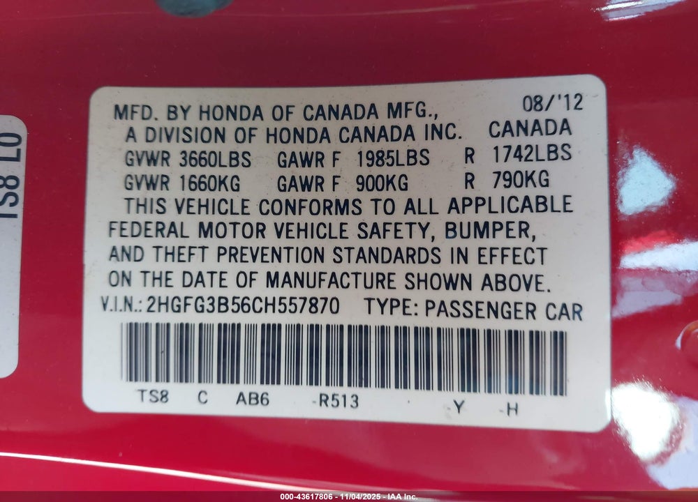 2012 HONDA CIVIC LX VIN: 2HGFG3B56CH557870