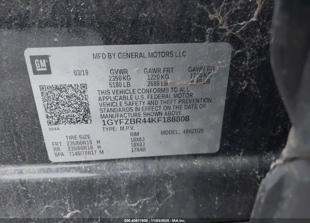 2019 CADILLAC XT4 VIN: 1GYFZBR44KF188808