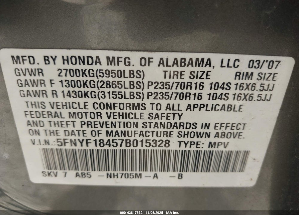 2007 HONDA PILOT VIN: 5FNYF18457B015328