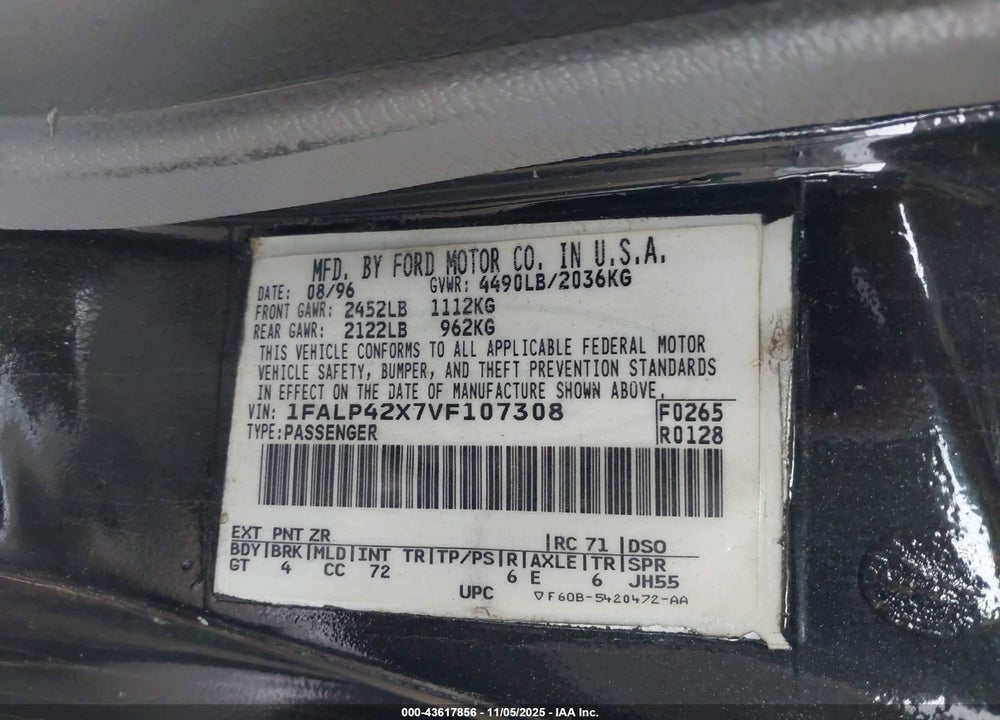 1997 FORD MUSTANG GT VIN: 1FALP42X7VF107308