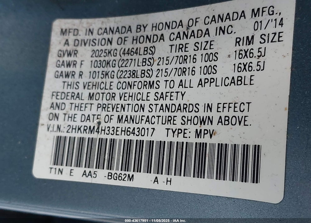 2014 HONDA CR-V LX VIN: 2HKRM4H33EH643017