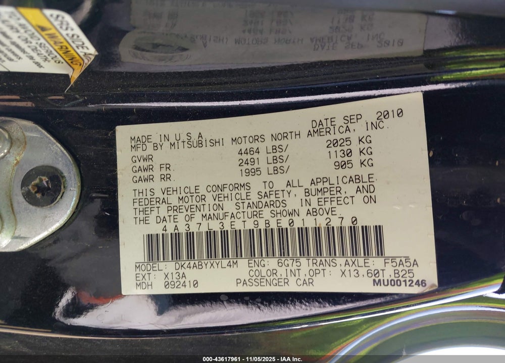 2011 MITSUBISHI ECLIPSE SPYDER GT VIN: 4A37L3ET9BE011270