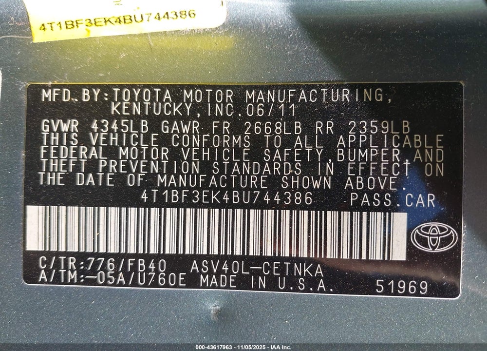 2011 TOYOTA CAMRY LE VIN: 4T1BF3EK4BU744386