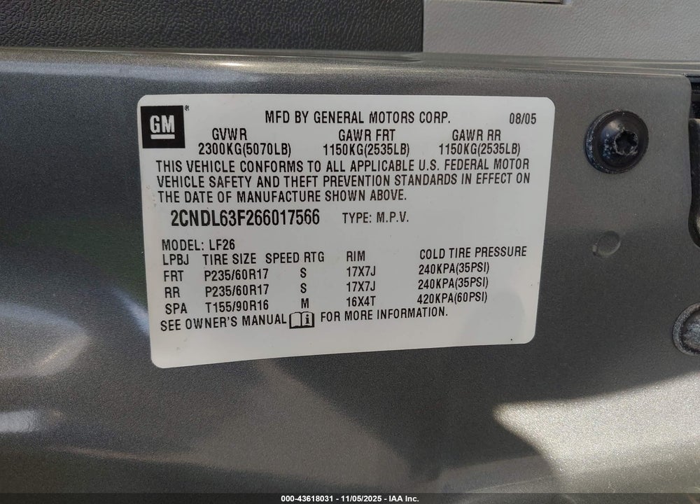 2006 CHEVROLET EQUINOX VIN: 2CNDL63F266017566