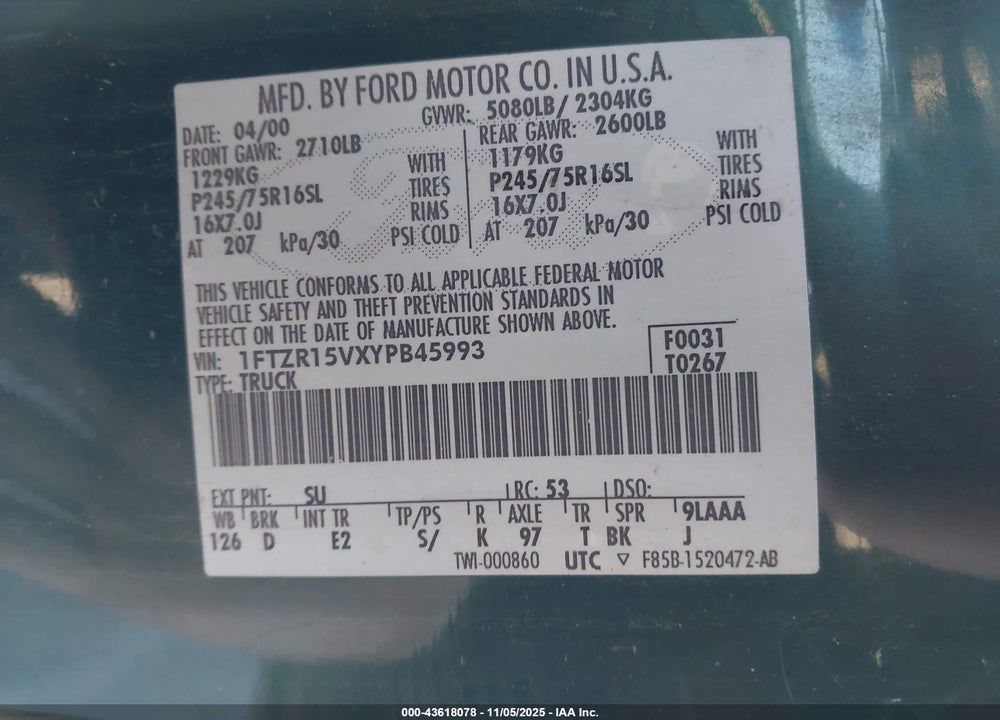 2000 FORD RANGER XL/XLT VIN: 1FTZR15VXYPB45993