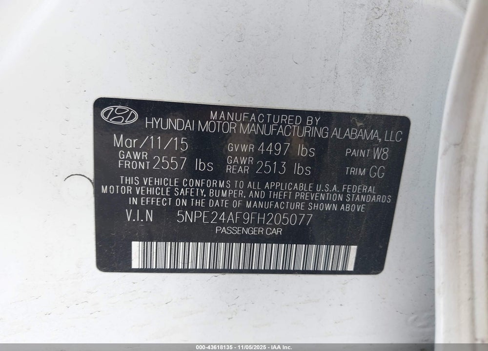 2015 HYUNDAI SONATA SE VIN: 5NPE24AF9FH205077