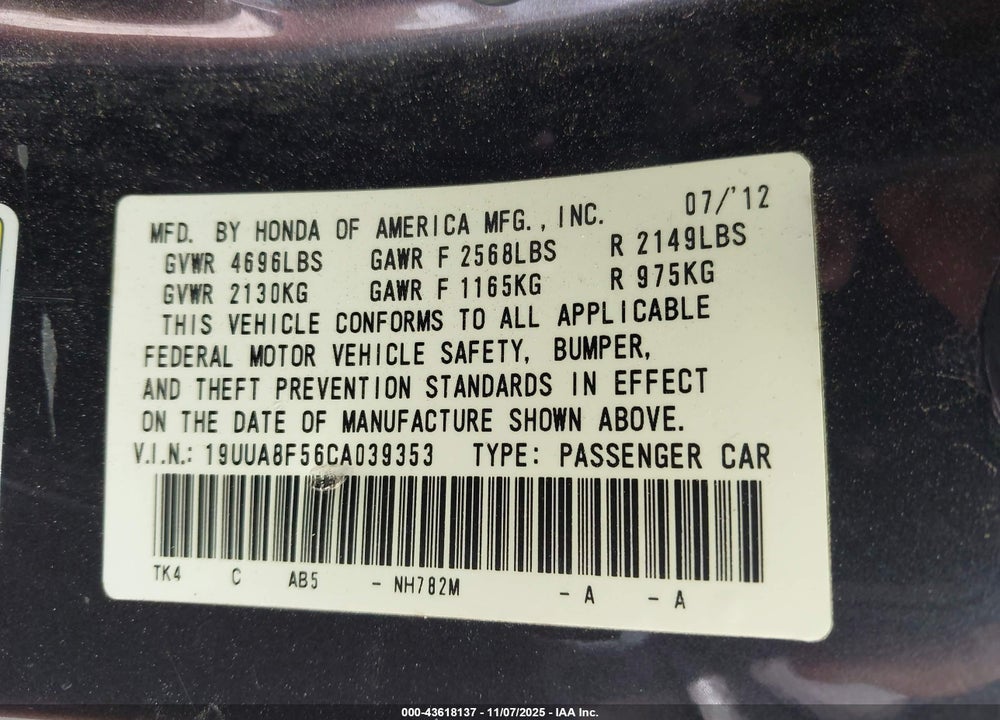 2012 ACURA TL 3.5 VIN: 19UUA8F56CA039353