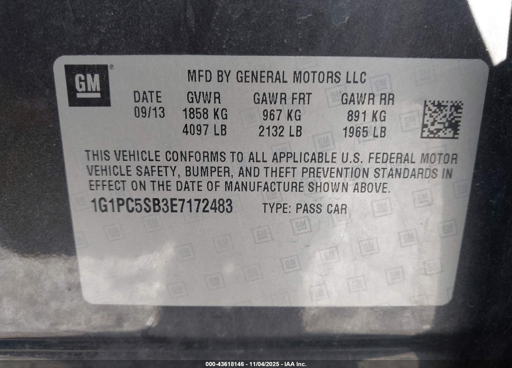 2014 CHEVROLET CRUZE 1LT AUTO VIN: 1G1PC5SB3E7172483