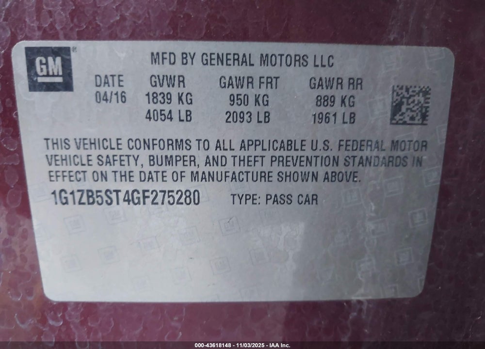 2016 CHEVROLET MALIBU LS VIN: 1G1ZB5ST4GF275280