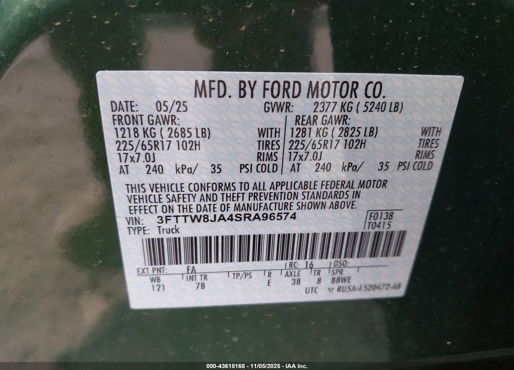 2025 FORD MAVERICK XLT VIN: 3FTTW8JA4SRA96574