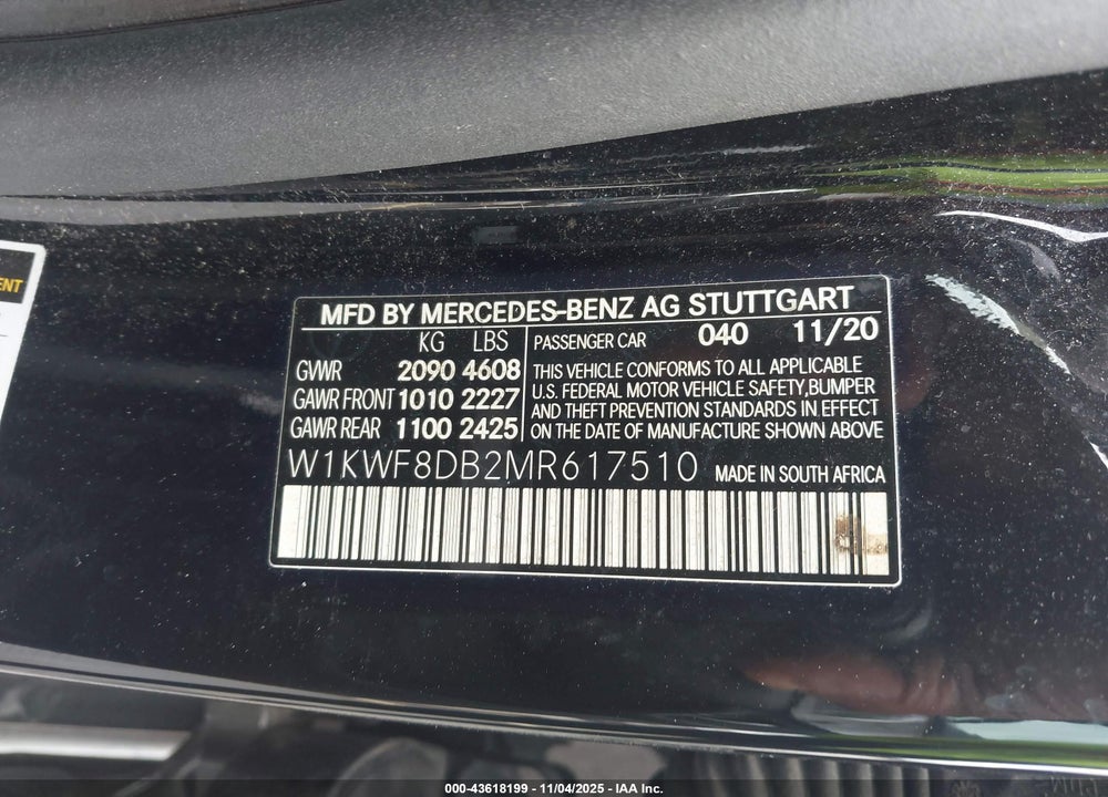 2021 MERCEDES-BENZ C 300 SEDAN VIN: W1KWF8DB2MR617510