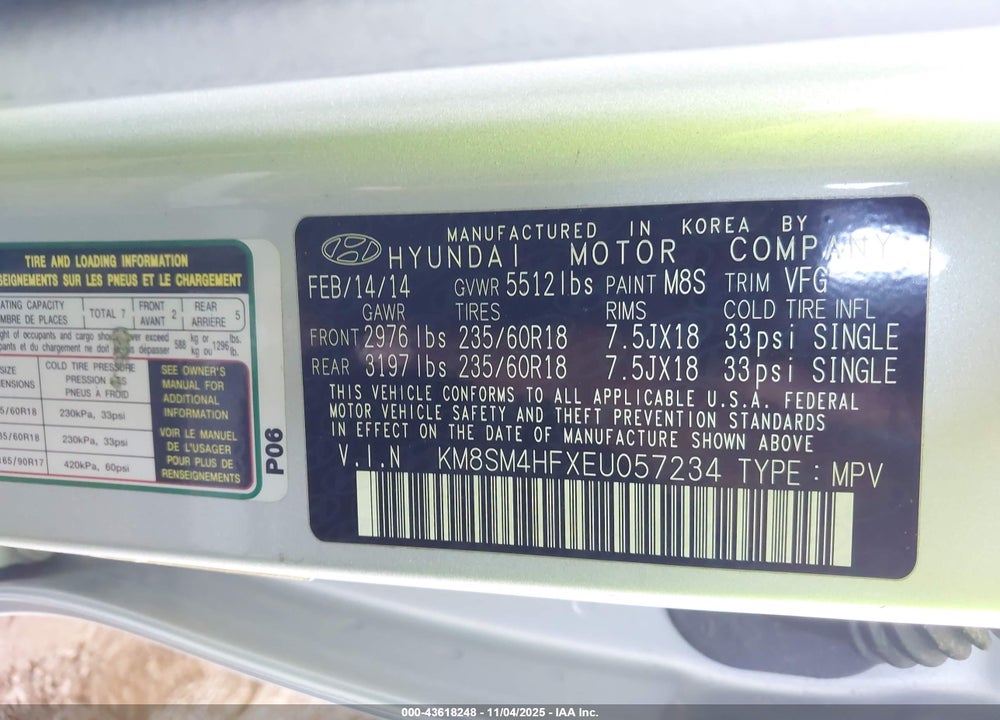 2014 HYUNDAI SANTA FE VIN: KM8SM4HFXEU057234