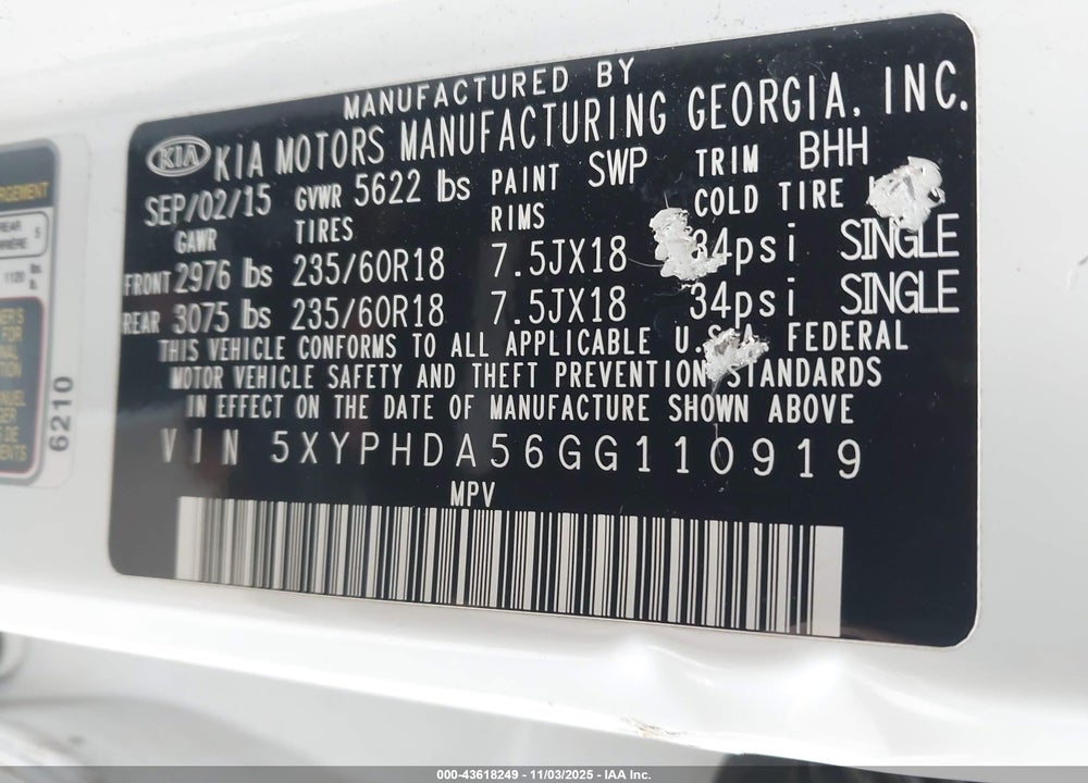 2016 KIA SORENTO VIN: 5XYPHDA56GG110919