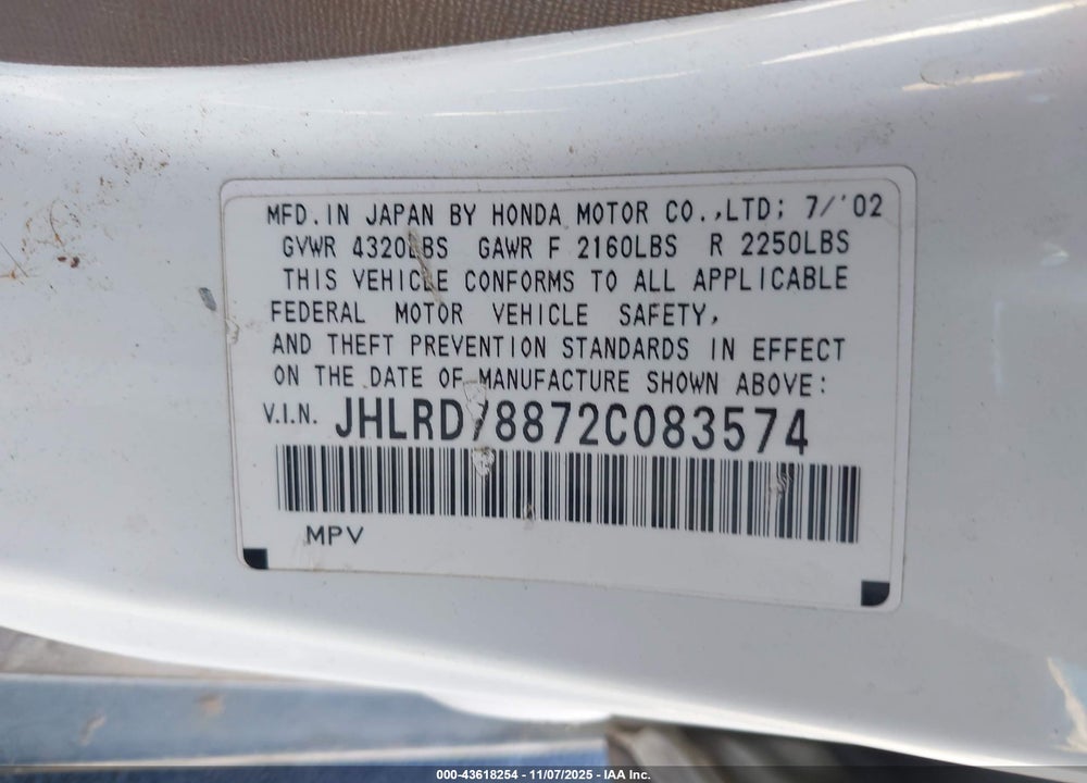 2002 HONDA CR-V EX VIN: JHLRD78872C083574