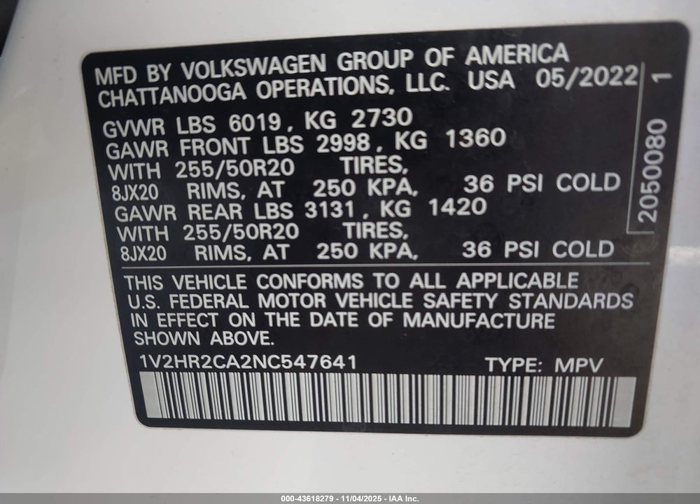 2022 VOLKSWAGEN ATLAS 3.6L V6 SE W/TECHNOLOGY VIN: 1V2HR2CA2NC547641