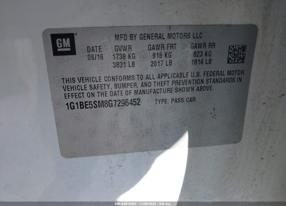 2016 CHEVROLET CRUZE VIN: 1G1BE5SM8G7296452