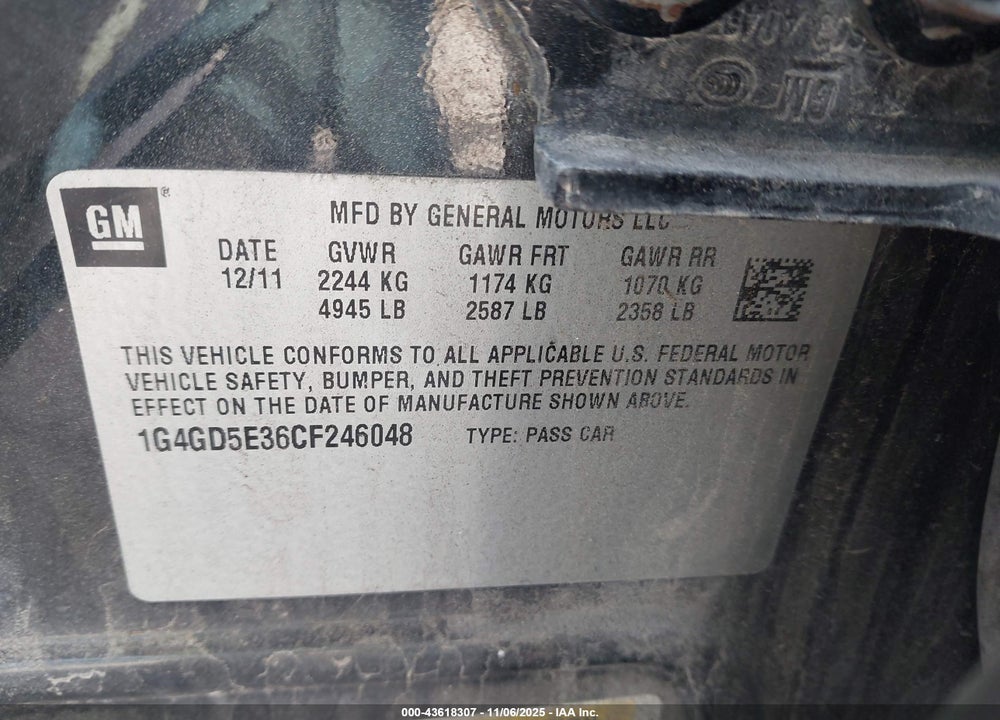 2012 BUICK LACROSSE PREMIUM 1 GROUP VIN: 1G4GD5E36CF246048