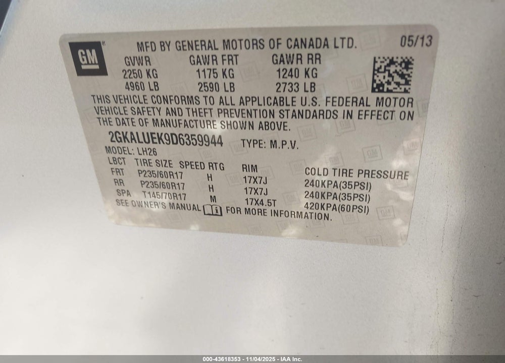 2013 GMC TERRAIN SLT-1 VIN: 2GKALUEK9D6359944