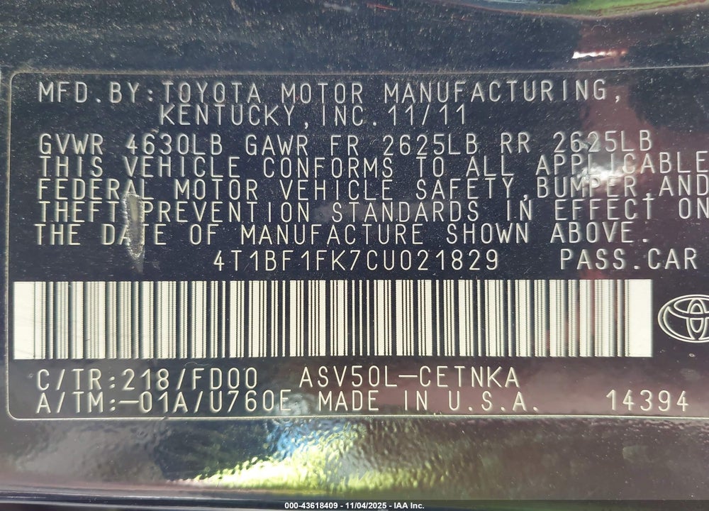 2012 TOYOTA CAMRY LE VIN: 4T1BF1FK7CU021829