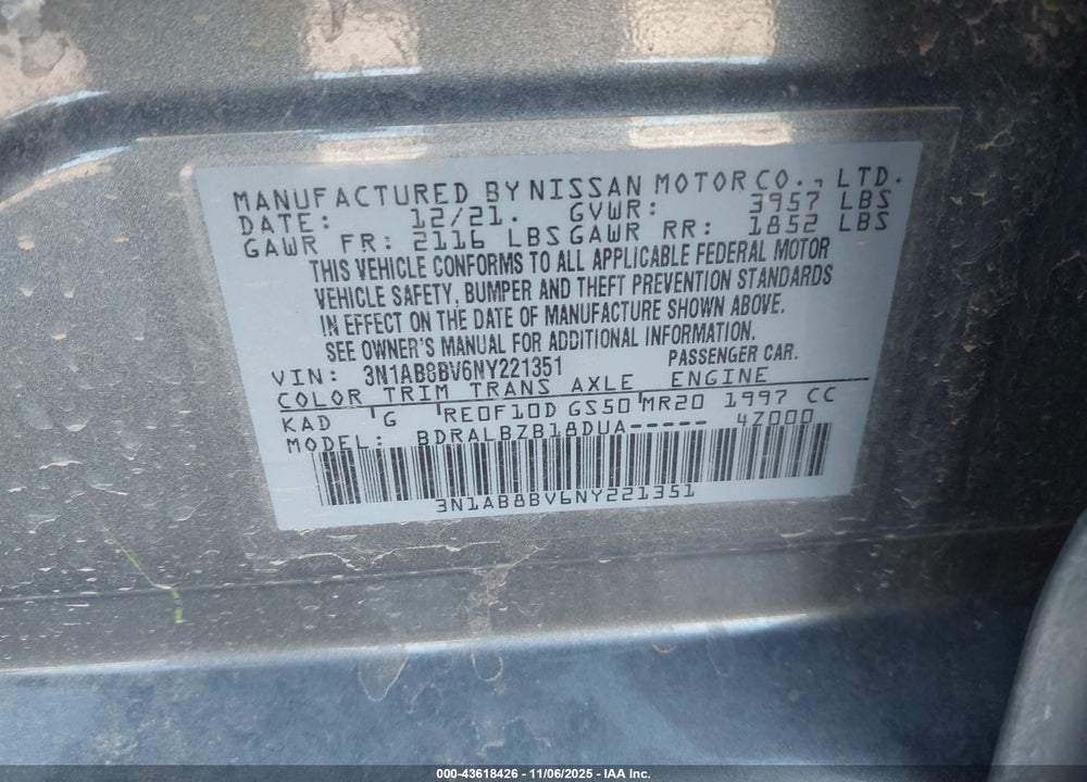 2022 NISSAN SENTRA S XTRONIC CVT VIN: 3N1AB8BV6NY221351